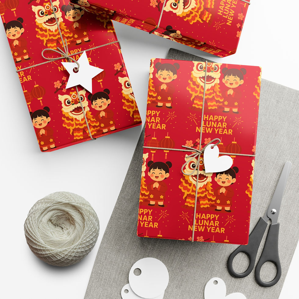Thumbnail: Wrapped gifts with red Happy Lunar New Year paper, twine, scissors, and tags.