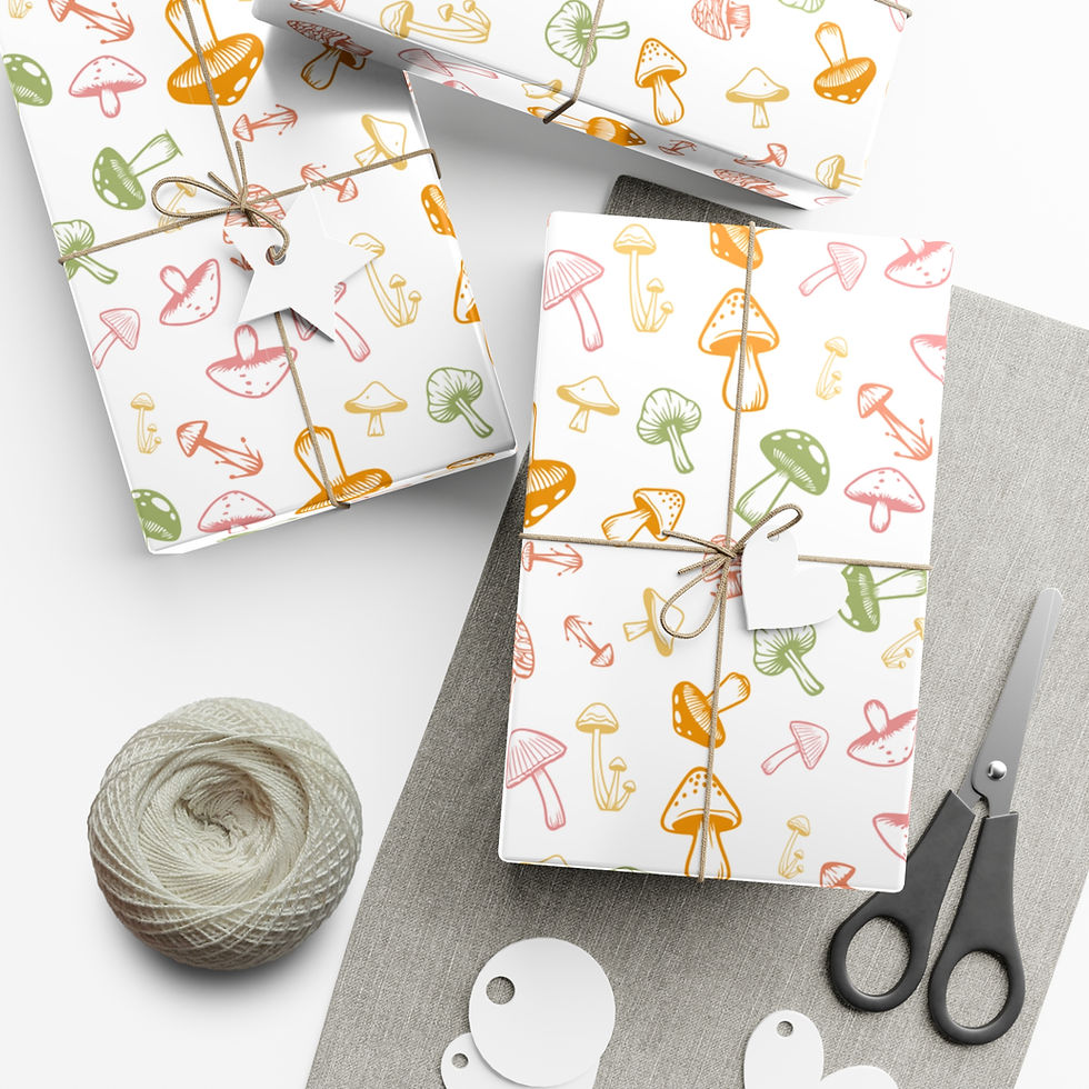 Thumbnail: Wrapped gifts with mushroom pattern, twine, scissors and tags on the table