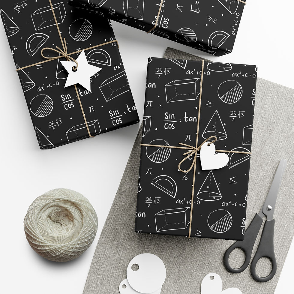 Thumbnail: Wrapped gifts with math theme, text, shapes, scissors, and string. Soraya Montenegro Gift Wrapping Paper.