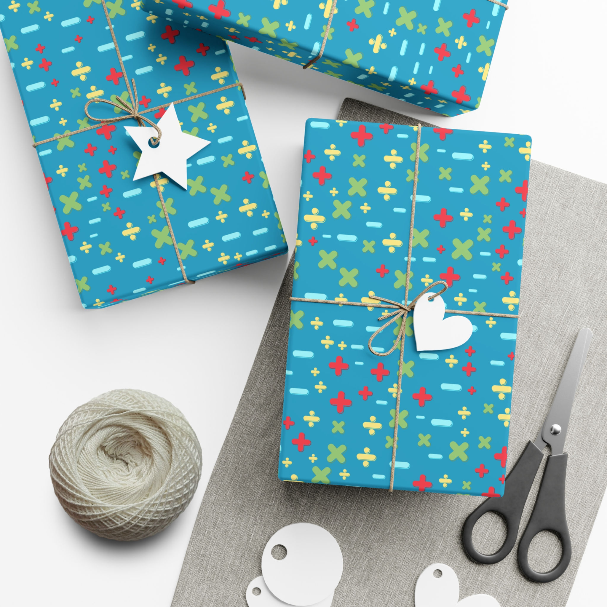 Wrapped gifts with colorful music notes wrapping paper and star tags on white background