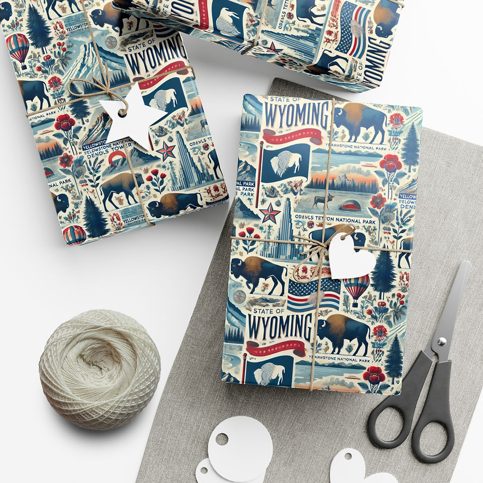 Thumbnail: Wrapped gifts with Wyoming illustrations and tags ready for gifting Taguara Americana