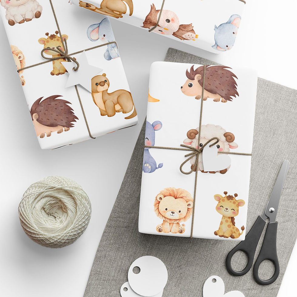 Thumbnail: Baby animals gift wrap with cute lion and giraffe illustrations.