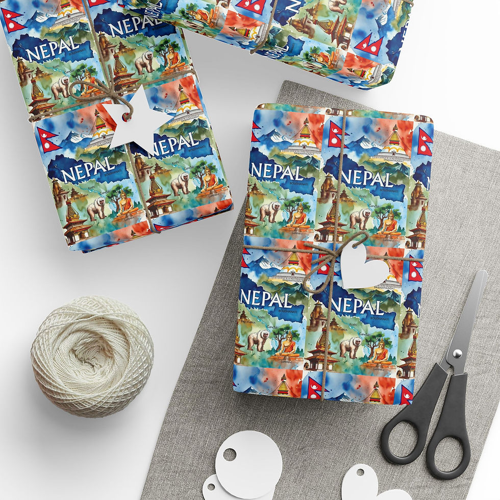Thumbnail: Nepal pattern gift wrapping paper, twine, scissors