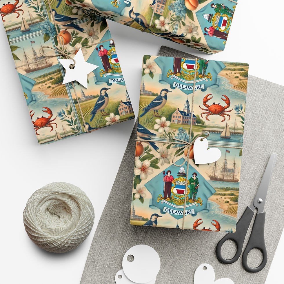 Thumbnail: Wrapped gifts on wrapping paper with crabs, blue jays, and state symbols. 