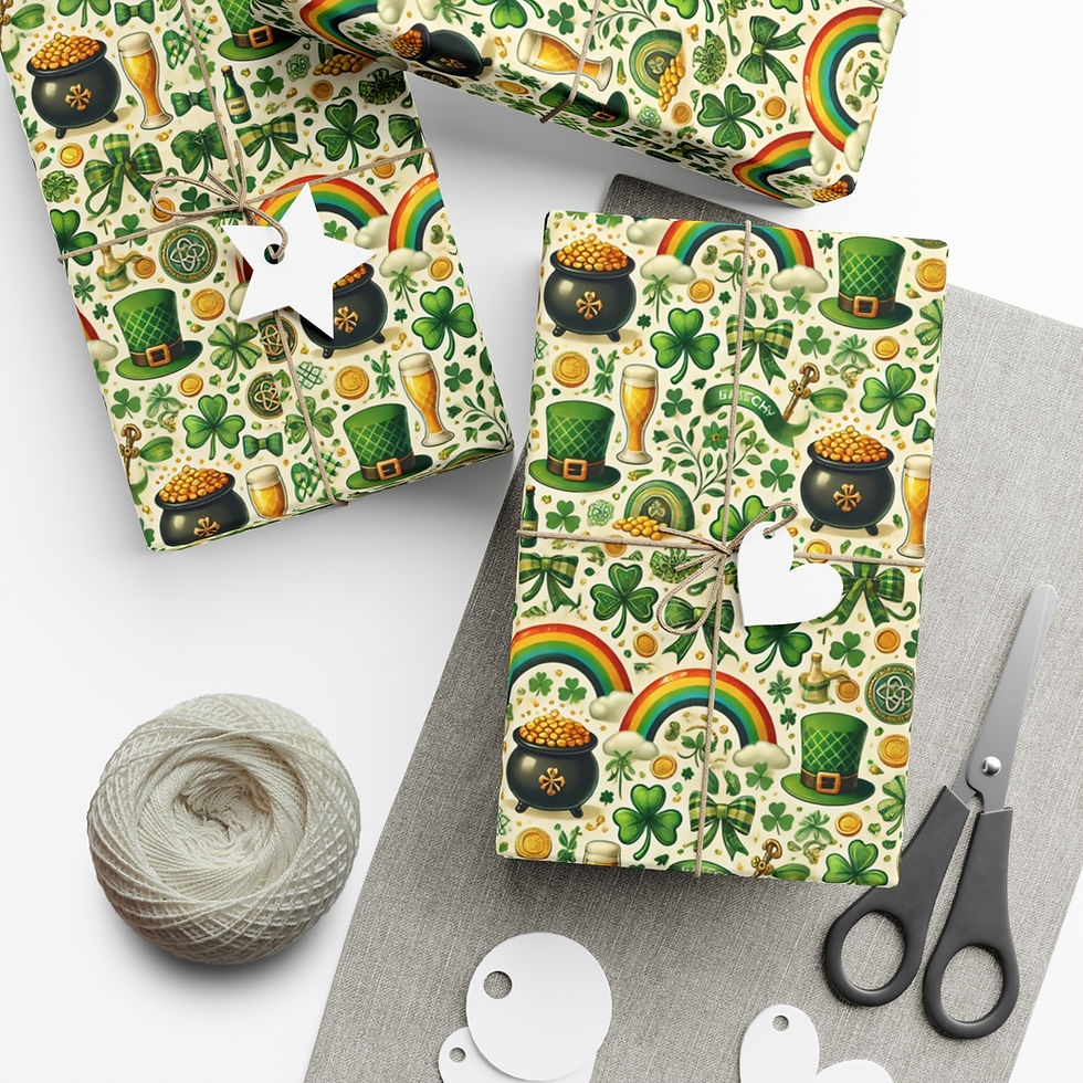 Thumbnail: Saint Patrick's Day Gift Wrapping Paper | Leprechaun | Gold Coin | Irish Green presents on table