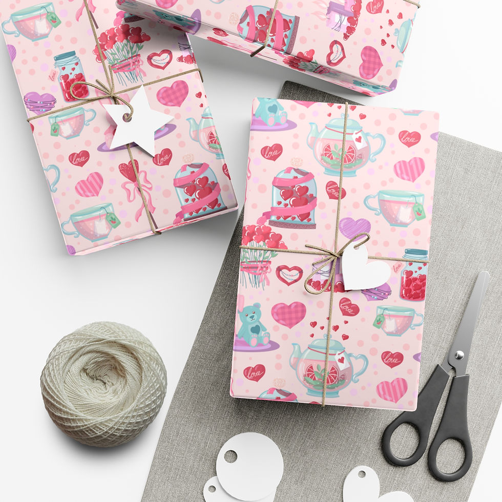 Thumbnail: Wrapped gifts with pink hearts and teacups, plus scissors and Ohio Inspired Gift Wrapping Paper