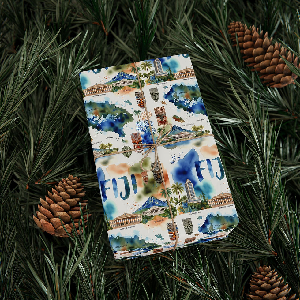Thumbnail: Gift wrapped, Fiji print, with rope, set on pine needles, Fiji gift wrap.