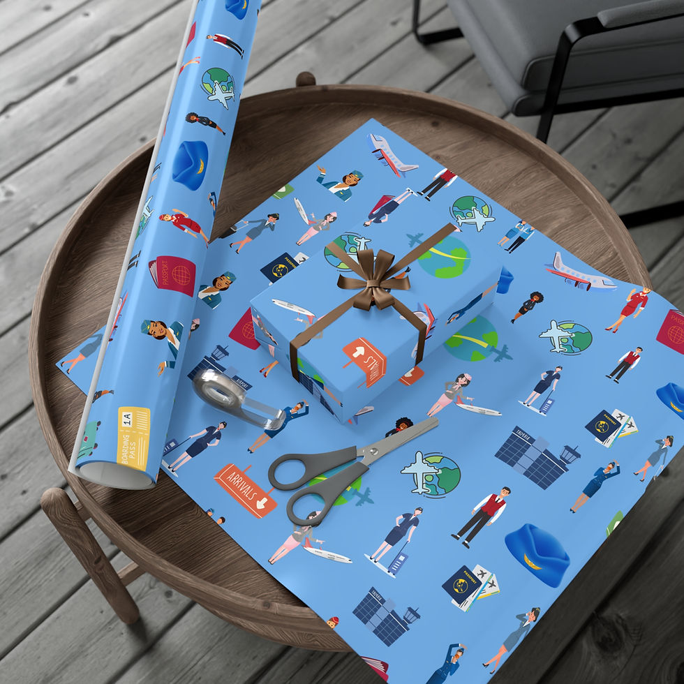 Thumbnail: Blue travel-themed gift wrap with present and scissors on a wooden table.
