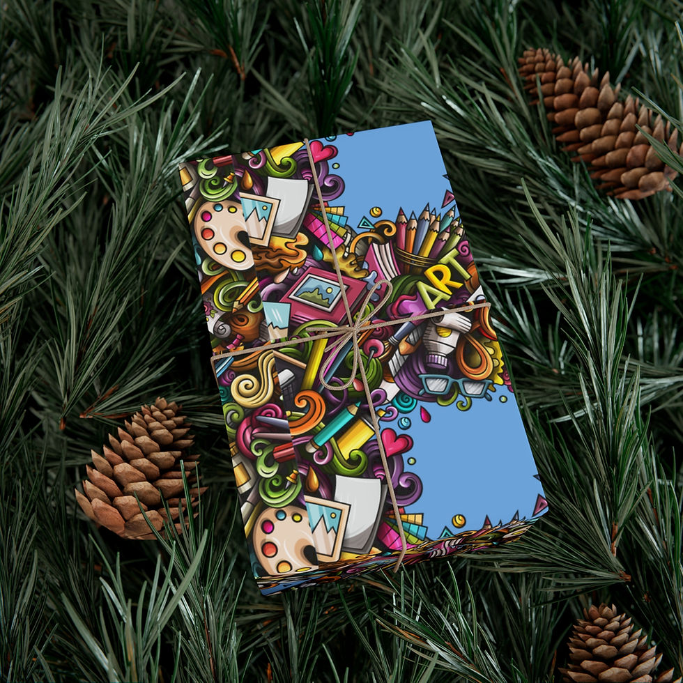 Thumbnail: Wrapped gift with colorful art supplies design and the word ART on blue paper.