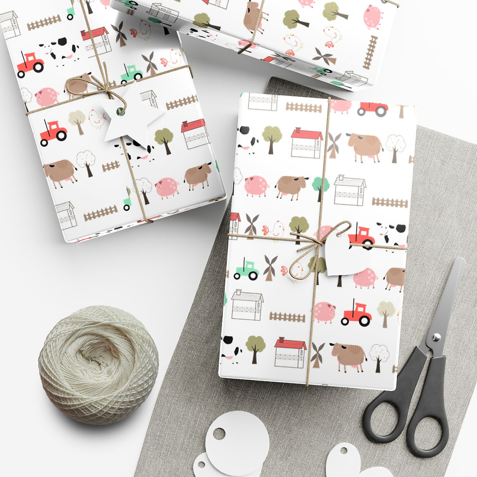 Thumbnail: Farm animal gift wrap, with attached string, scissors and tags in view.