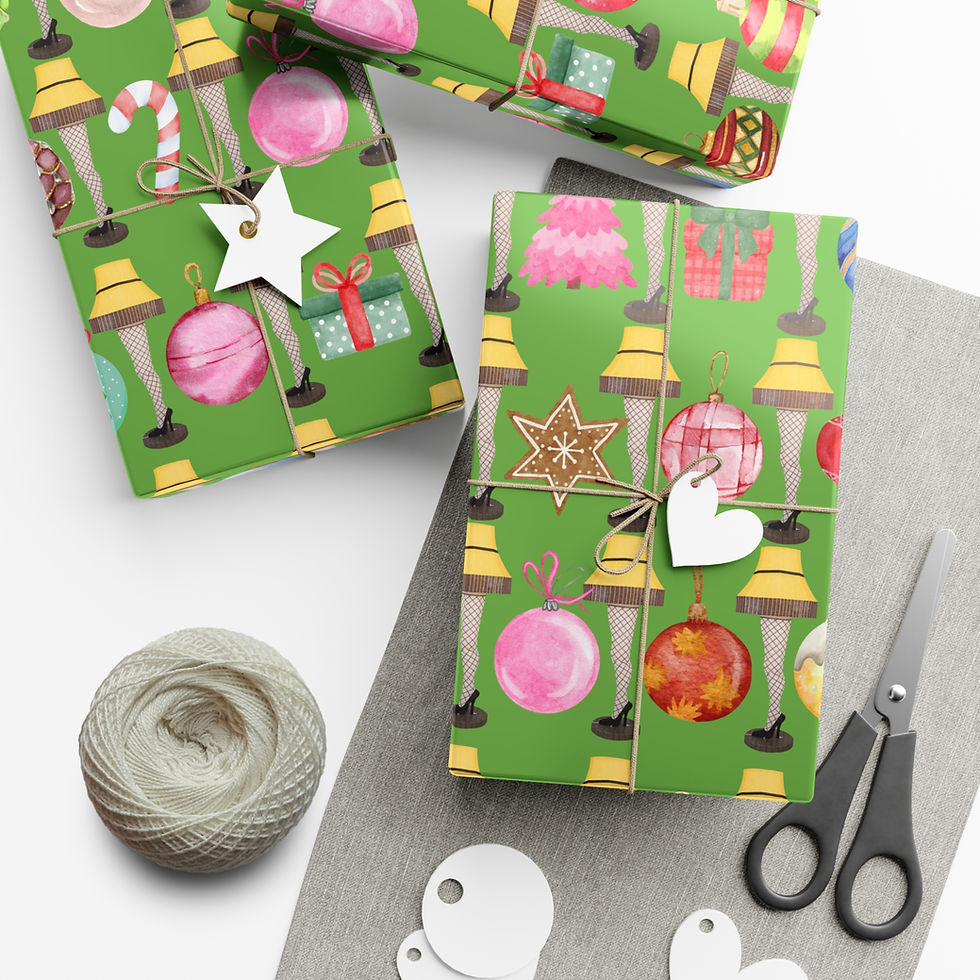 Thumbnail: Wrapped gifts on green paper with icons, 65th Birthday Gift Wrapping Paper, scissors, and string.