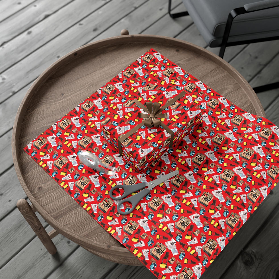 Thumbnail: Gift wrapped on red pasta paper with scissors on a round table. Pasta Lover Gift Wrapping Paper