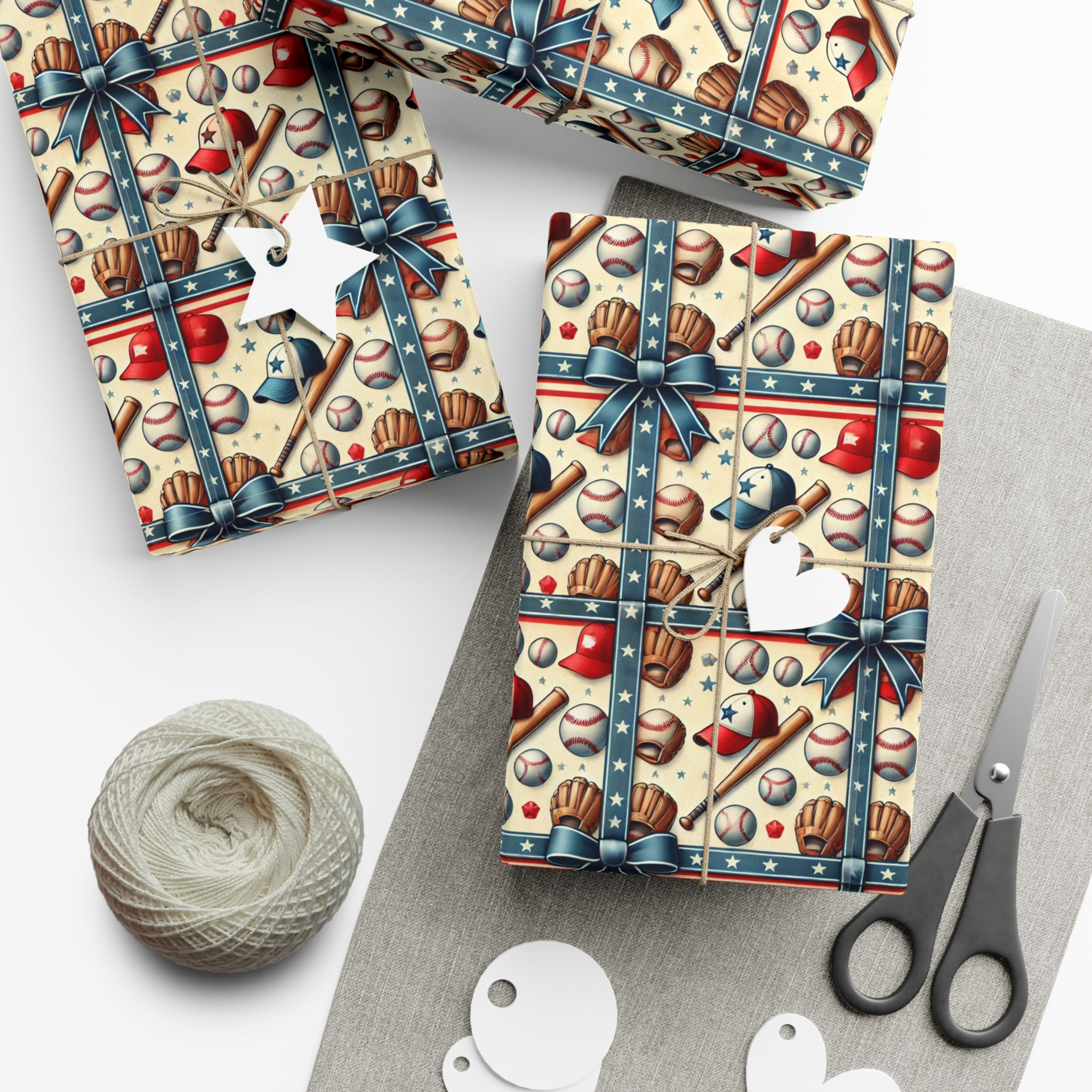 Wrapped gifts with baseball theme featuring bats, balls, and gloves.