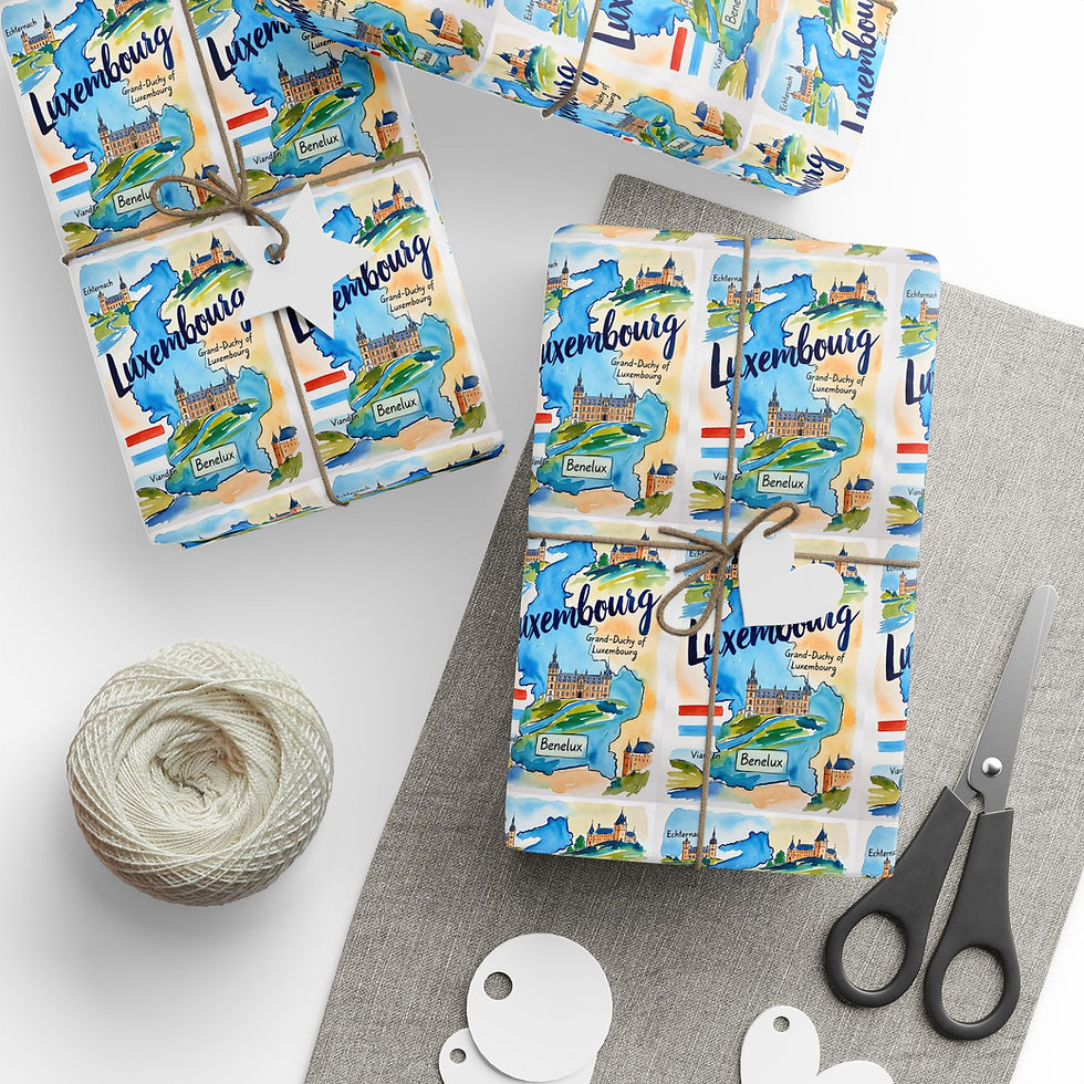 Thumbnail: Wrapped gifts in "Luxembourg" map paper with twine and scissors.