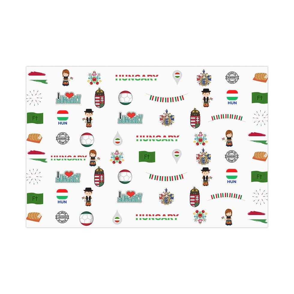 Thumbnail: Hungarian-themed wrapping paper featuring flags and cultural symbols. Hinduism-Inspired Gift Wrapping Paper. Festive gift wrapping design.
