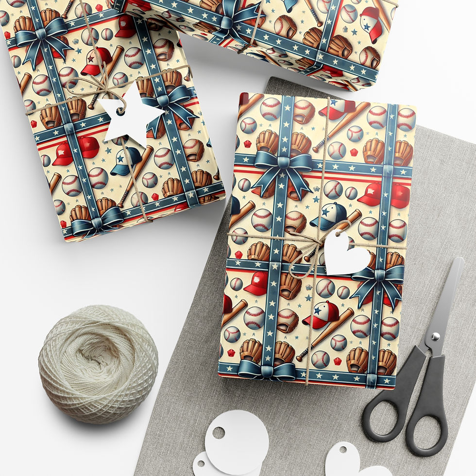 Thumbnail: Wrapped gifts with baseball theme and ribbon; Colorful Music Gift Wrapping Paper.