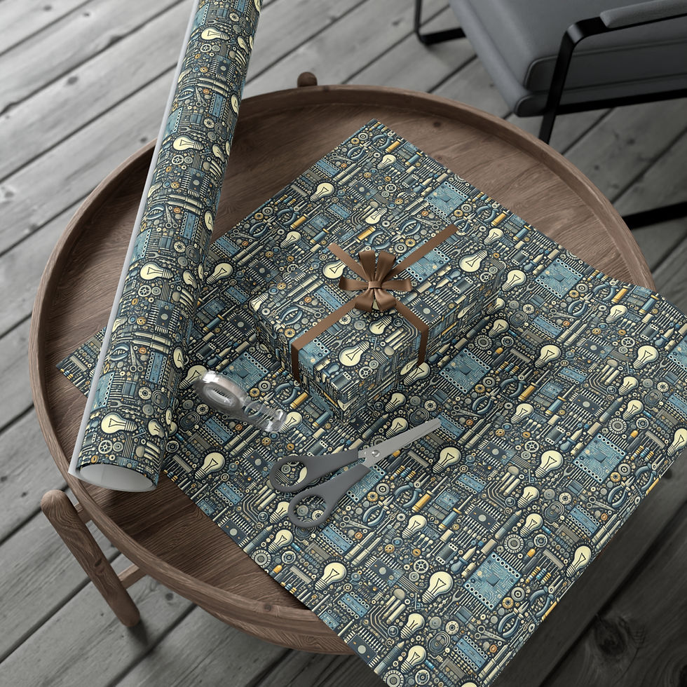 Thumbnail: Gift wrapped in paper with light bulbs and tools; Chef inspired gift wrapping paper