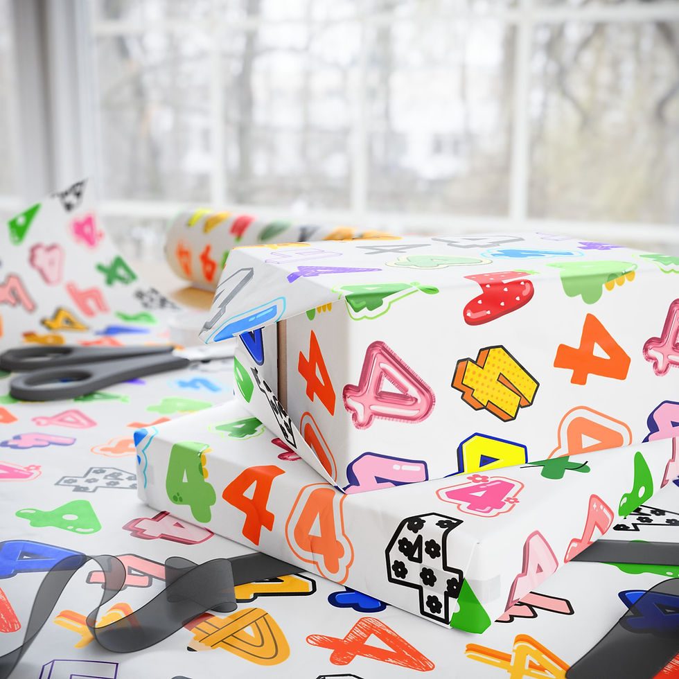 Thumbnail: Four years old gift wrap featuring colorful number 4s.