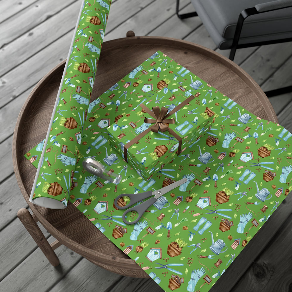 Thumbnail: Green gardening gift wrapping paper, scissors, wrapped gift on a wooden table. Green Garden Gift Wrapping Paper