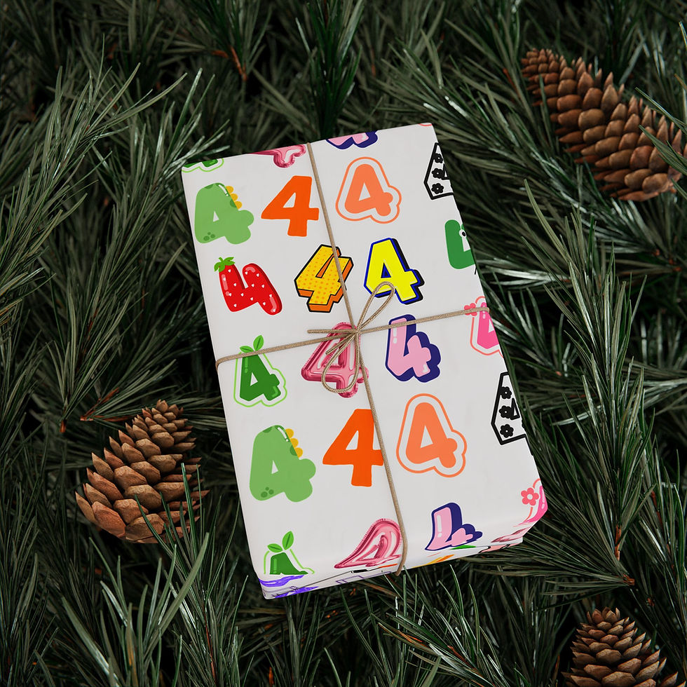 Thumbnail: Four years old gift wrap on a present among pine needles.