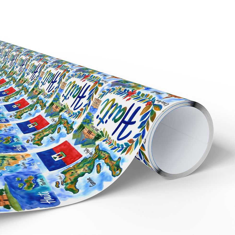 Thumbnail: Wrapping paper roll with the word Haiti and map design printed all over.