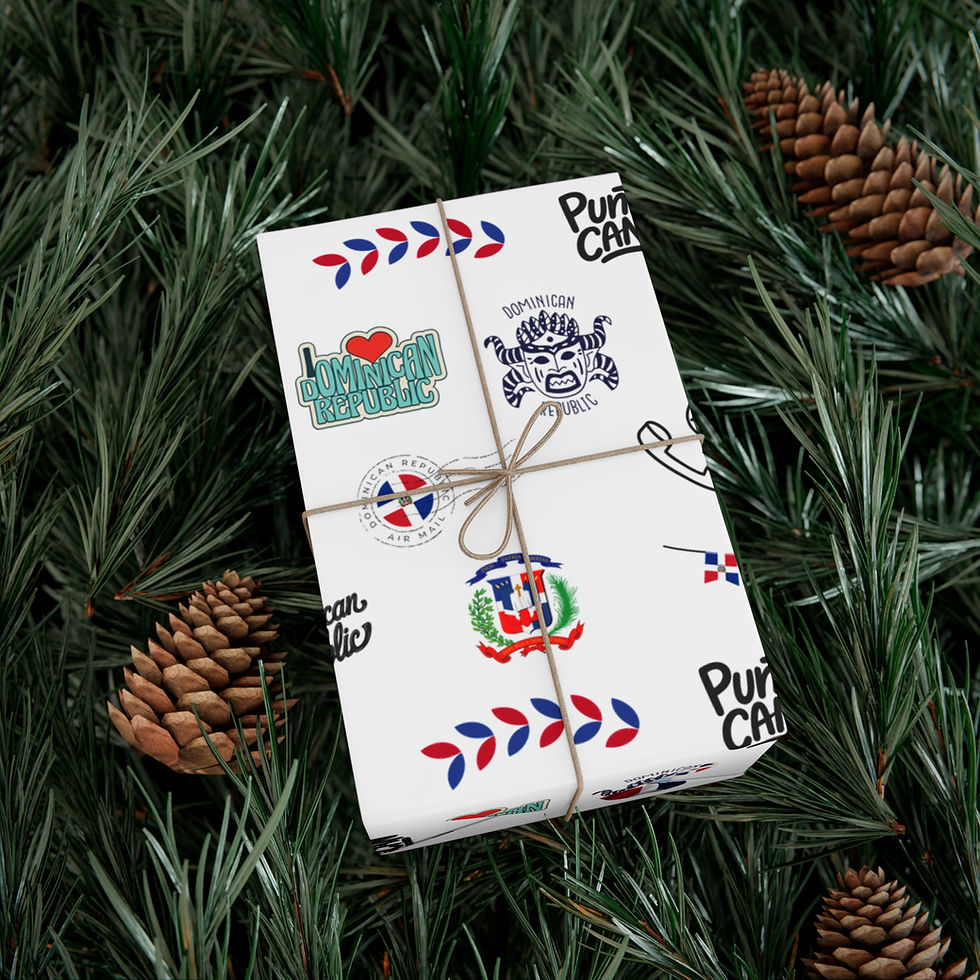Thumbnail: Wrapped gift with Puerto Rican imagery and text. The Baldoni Saga Gift Wrap. Pine needles surround.