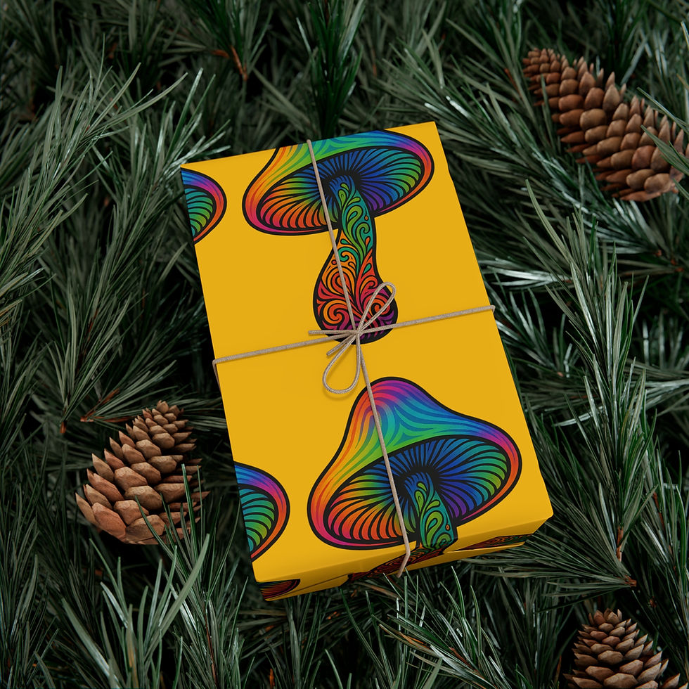 Thumbnail: Psychedelic mushroom gift wrap on green foliage with pinecones for the background