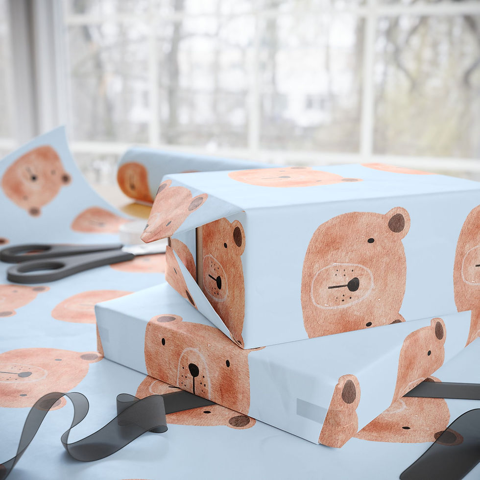Thumbnail: Baby shower gift wrap with a baby bear design on light blue.