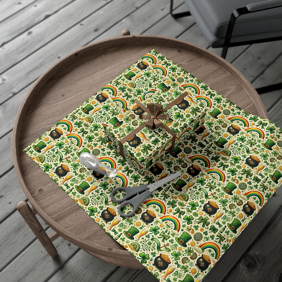 Thumbnail: Gift wrapping with Saint Patrick's Day Gift Wrapping Paper | Leprechaun | Gold Coin | Irish Green on a table.