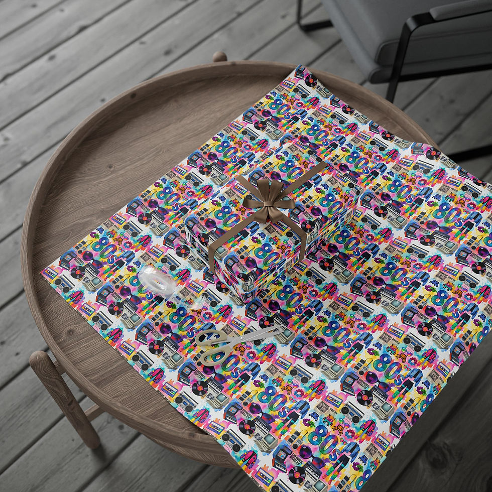 Thumbnail: Gift wrapped with 80s themed wrapping paper on a round table.