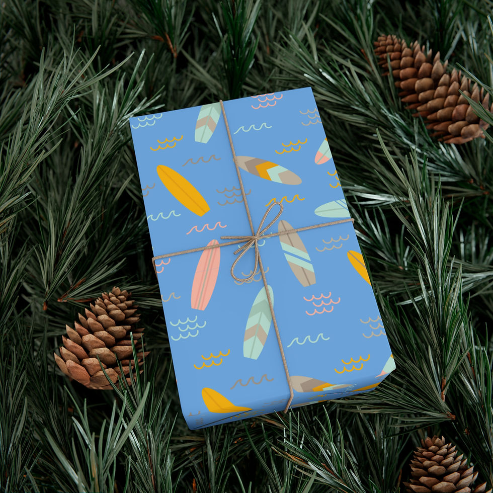 Thumbnail: Gift wrapped, Surf Lover Gift Wrapping Paper | Blue Background with Surfboards & Wave Pattern, with natural pine
