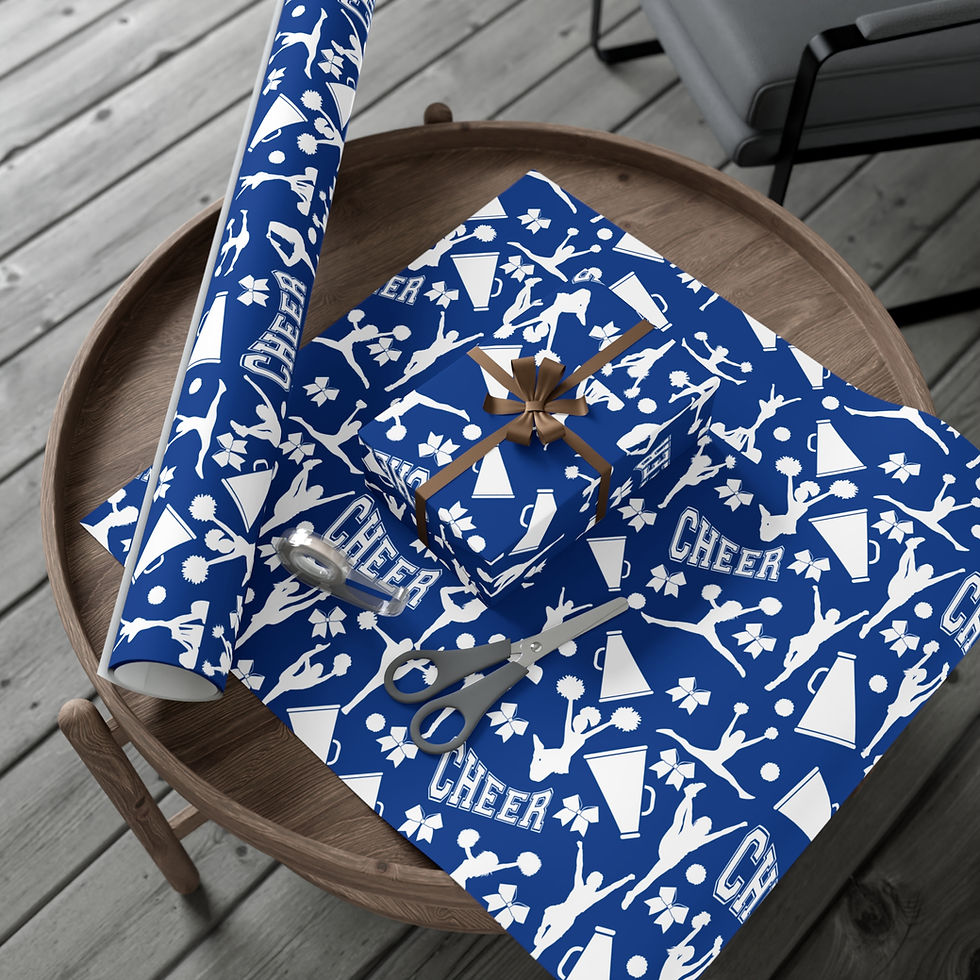 Thumbnail: Blue gift wrap with cheerleading graphics and the word CHEER on the table.
