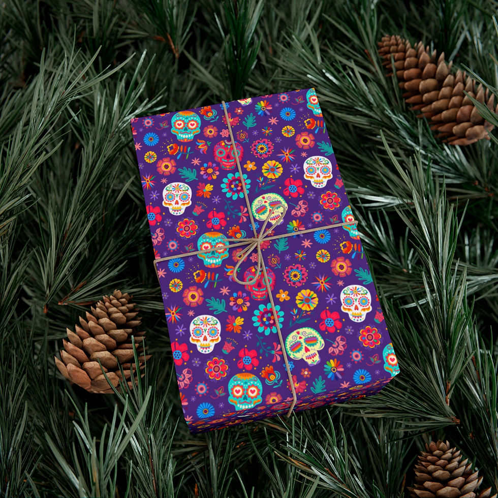 Thumbnail: Gift wrapped in colorful skull wrapping paper on a bed of pine needles.
