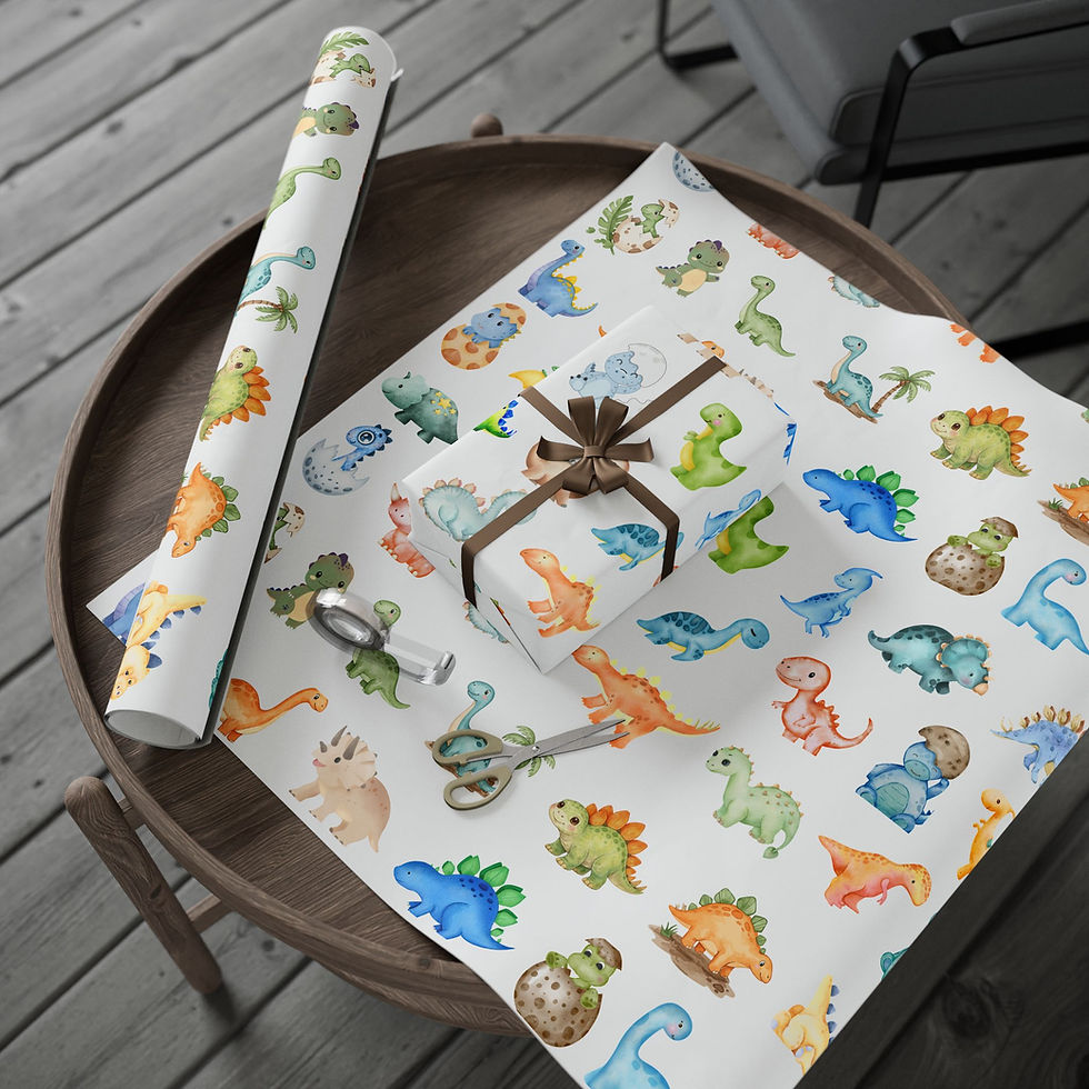 Thumbnail: Baby dinosaur gift wrap on a present with a brown bow