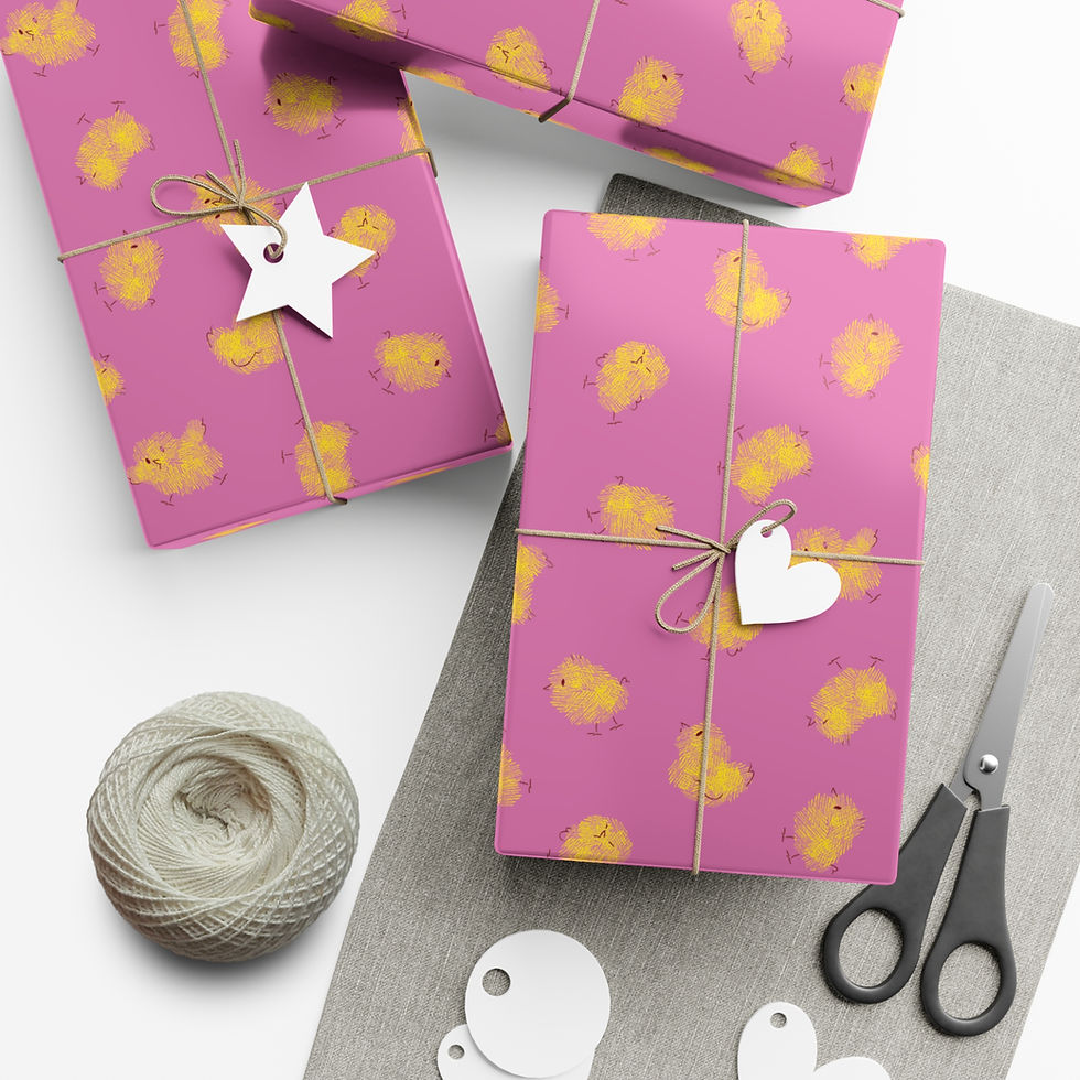 Thumbnail: Wrapped gifts on pink corn pattern paper with twine, scissors and tags