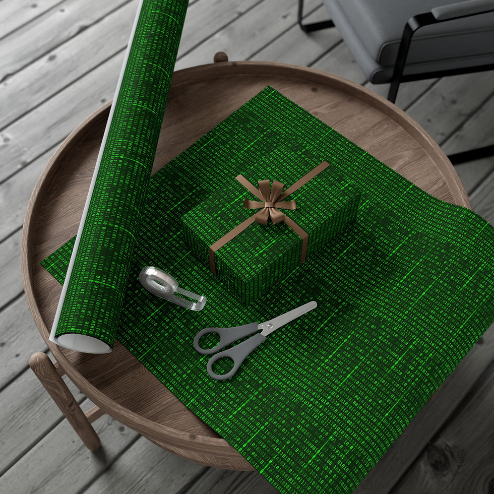 Thumbnail: Gift wrapping with green paper, scissors, and ribbon on a wooden table. Oregon Inspired Gift Wrapping Paper | Columbia Gorge | Mt. Hood Forests | Green