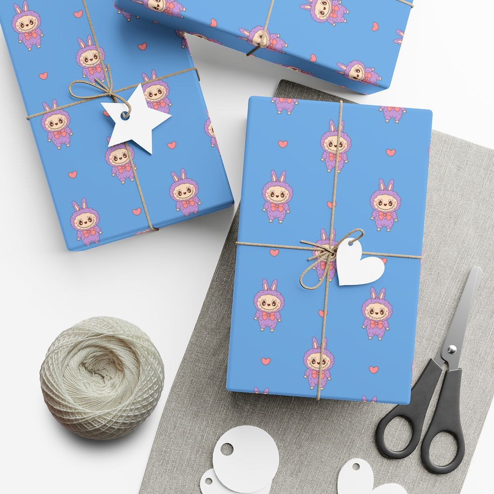 Thumbnail: Wrapped gifts with blue bunny wrapping paper, twine, scissors, and tags on a table