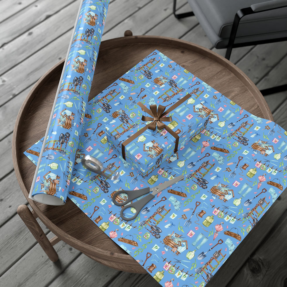 Thumbnail: Gift wrapped in Blue Garden Life Gift Wrapping Paper | Farming Tools, Plants and Veggies.
