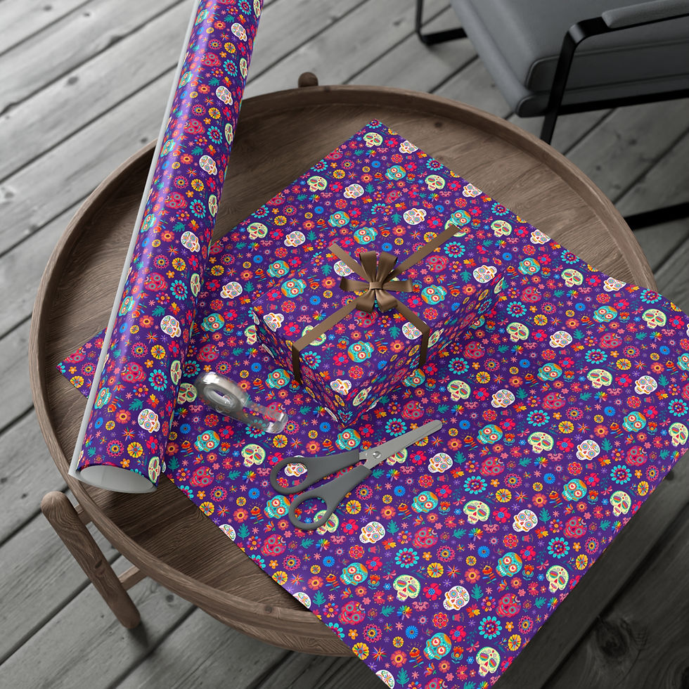 Thumbnail: Wrapping paper, skulls pattern, purple background, gift box, scissors and ribbon on table surface