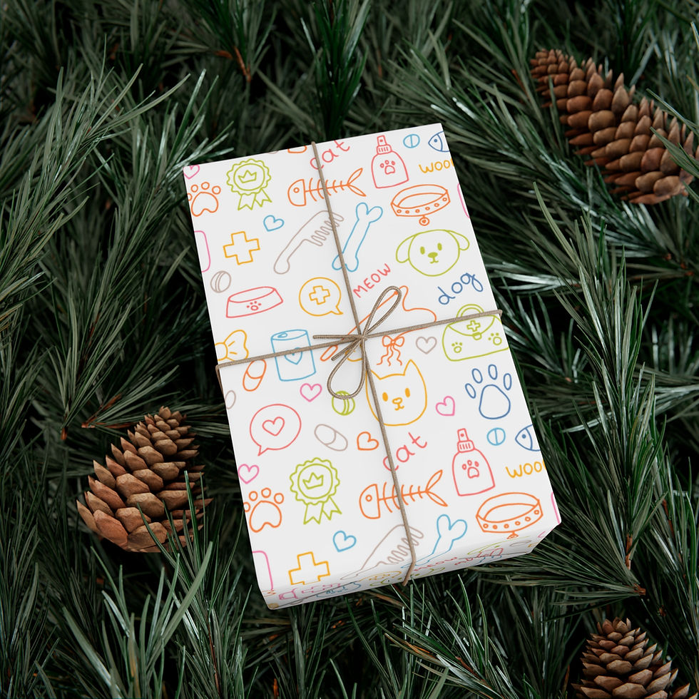 Thumbnail: Wrapped gift with colorful pet-themed pattern tied with twine on pine