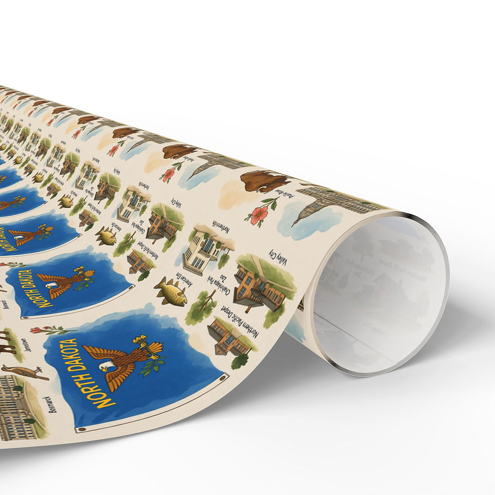 Thumbnail: North Dakota map gift wrap with landmarks and artwork on the roll.