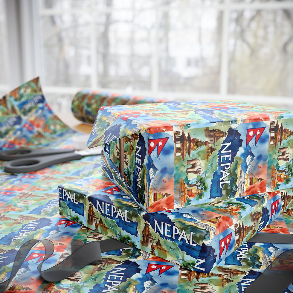 Thumbnail: Gifts wrapped in paper featuring Nepal map, flag, and landmarks