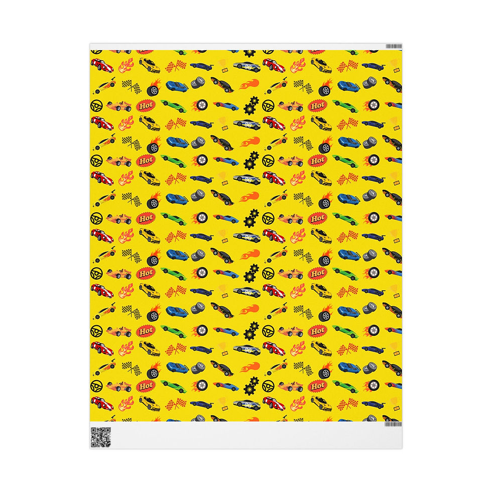 Thumbnail: Yellow Hot Wheels gift wrap featuring a race car pattern.