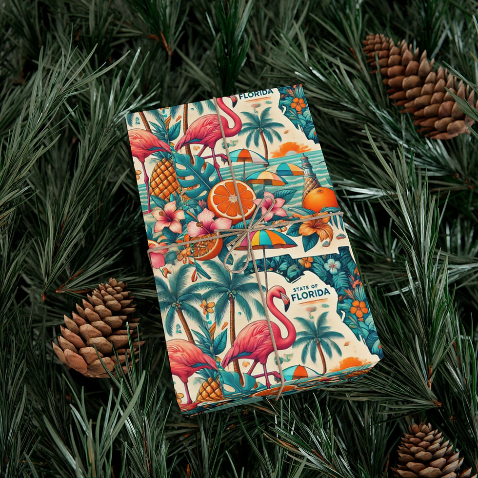 Thumbnail: Florida gift wrapped present with flamingos, oranges, and palm trees; Vermont Gift Wrapping Paper