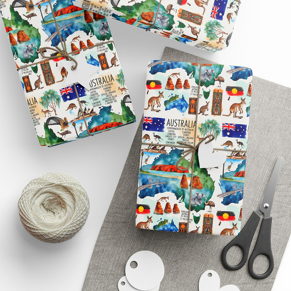 Thumbnail: Wrapped gifts on Australia gift wrapping paper, scissors, tags, and twine present Australia Gift Wrapping Paper.