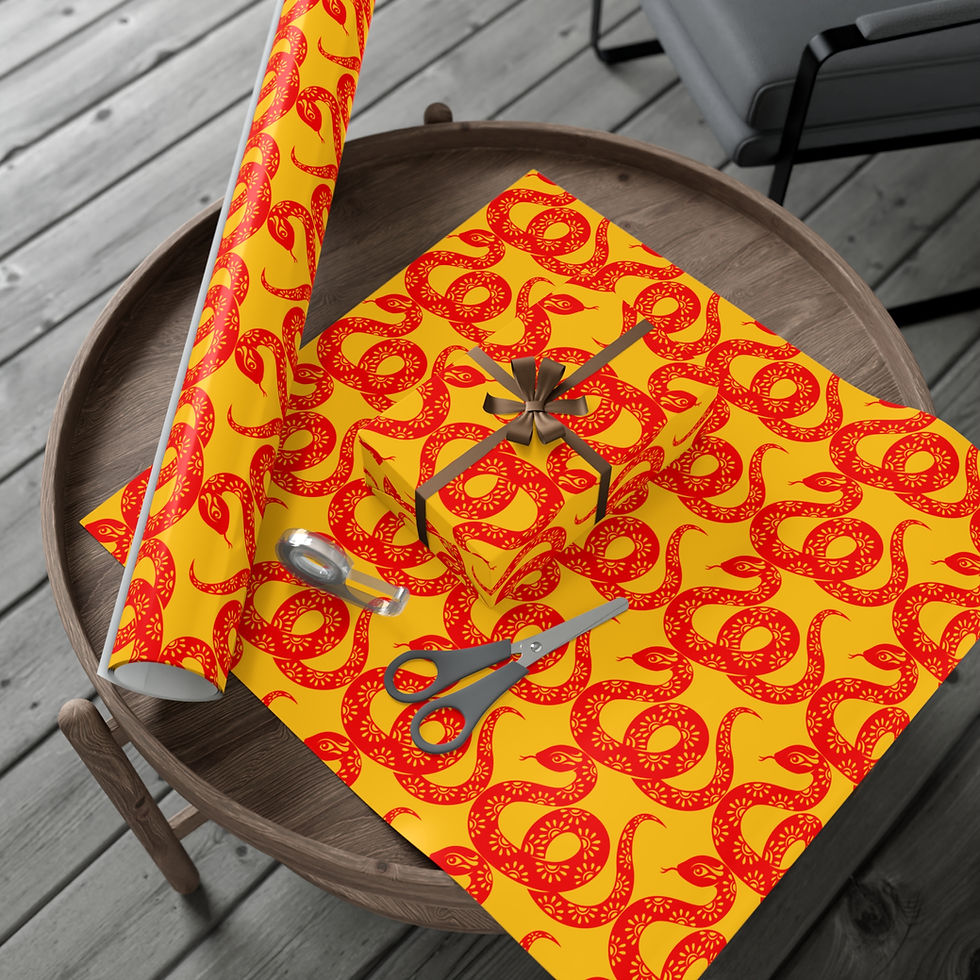 Thumbnail: Yellow gift wrap with red snakes; scissors and packaged present on table.