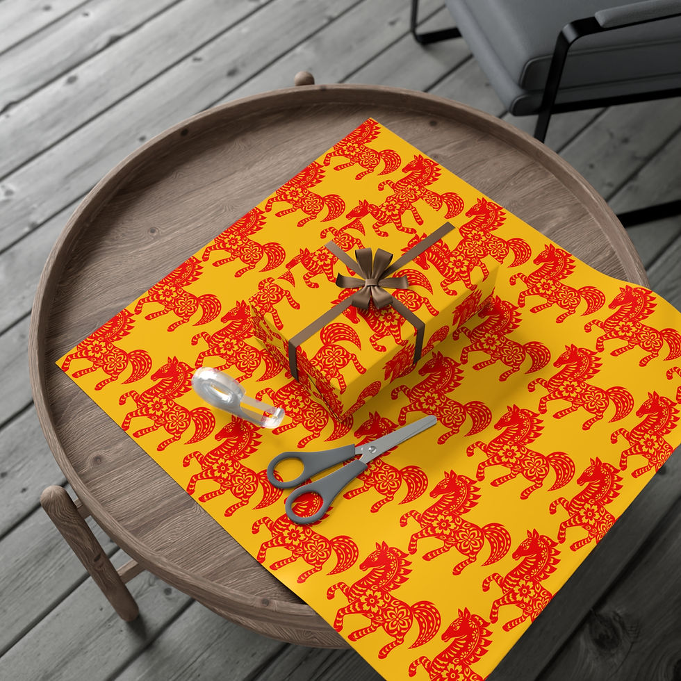 Thumbnail: Gift wrapped, yellow and red horse paper, scissors, and spoon on table.