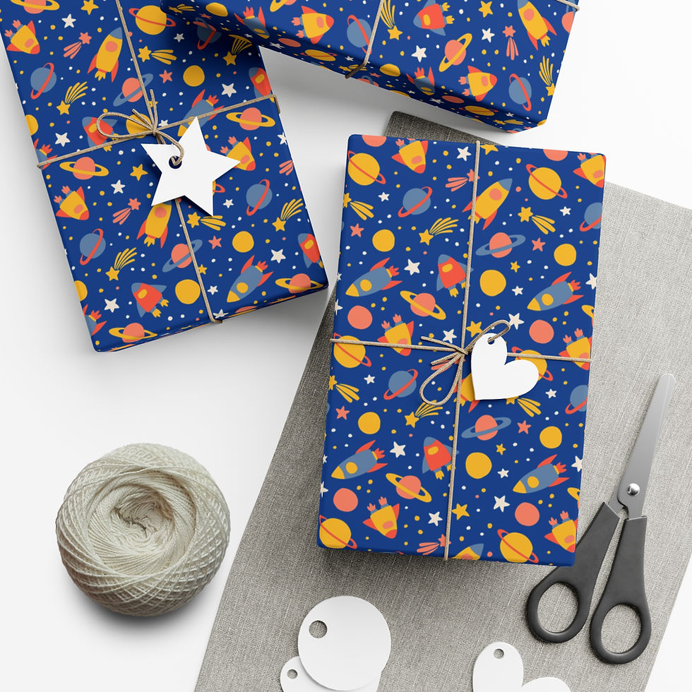 Thumbnail: Wrapped gifts with space-themed paper, scissors, and string on a table.