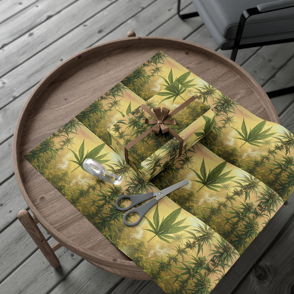 Thumbnail: Cannabis leaf print gift wrap with scissors and spoon on a wooden table.
