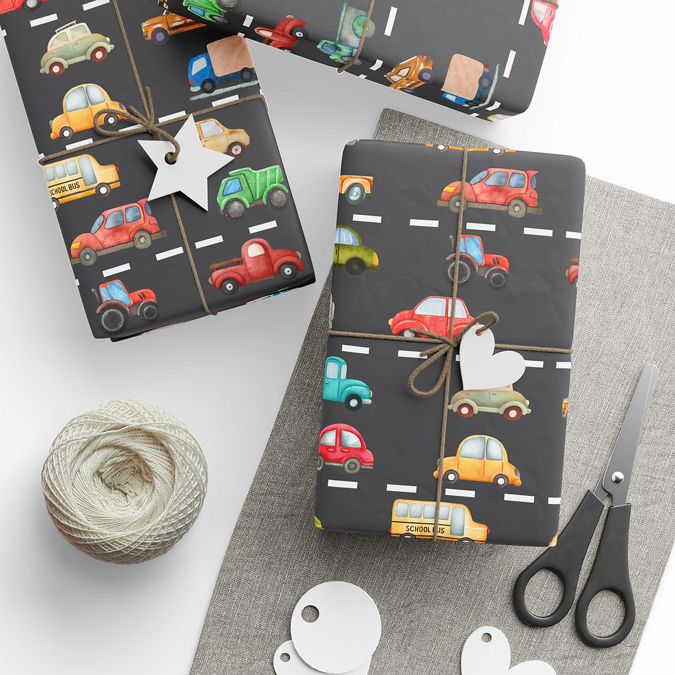 Thumbnail: Cute Cars Gift Wrap on presents with twine and star tags.